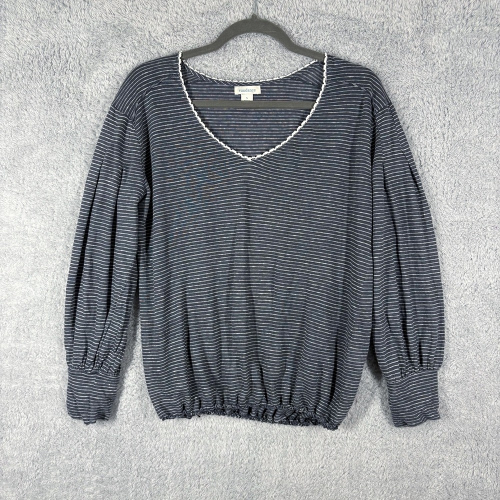 Sundance Mariner Journey Linen Slub Knit Top Size S‎ Navy Blue Stripe V Neck